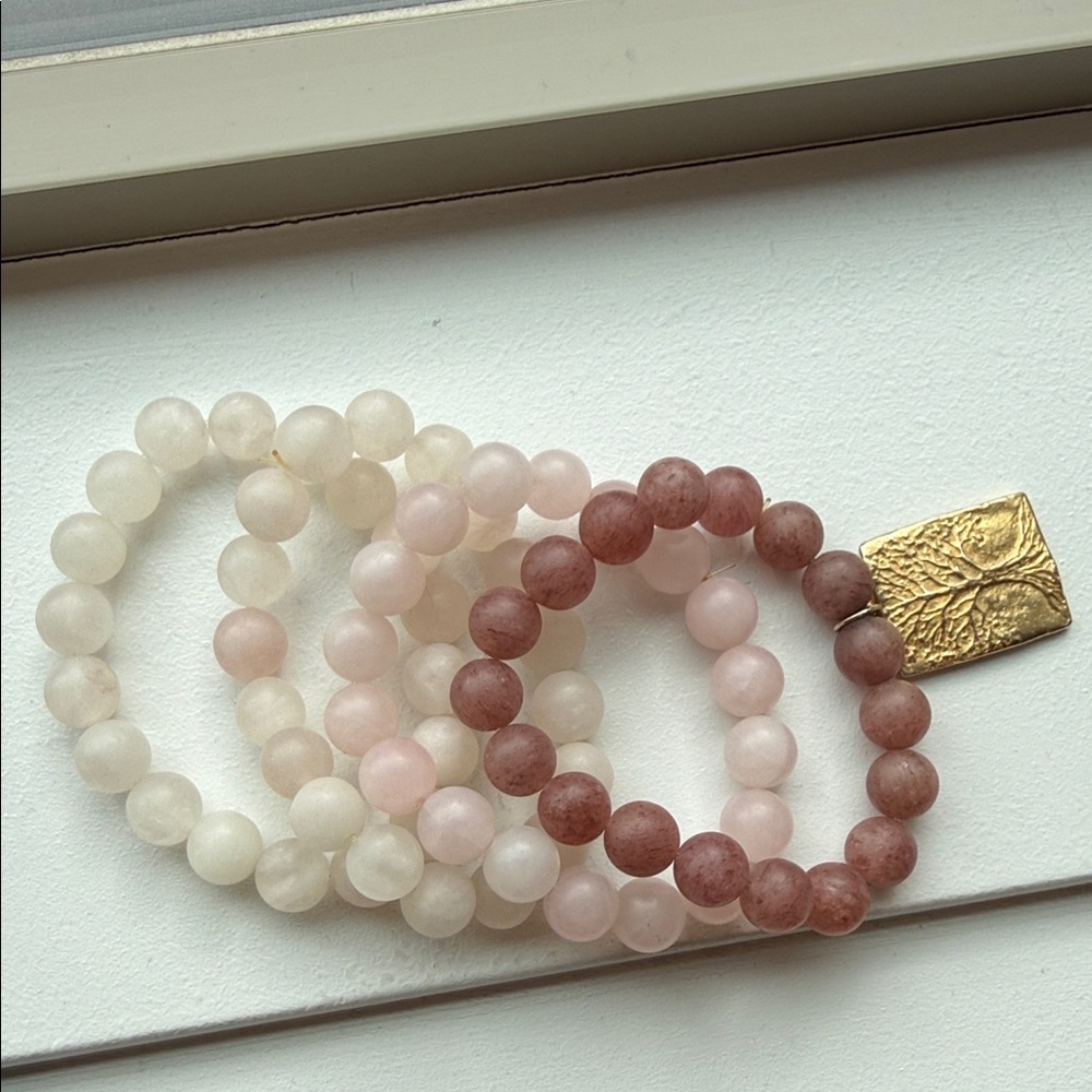 Natural Stone Beaded Stretch Bracelet Set - Pink and Cream